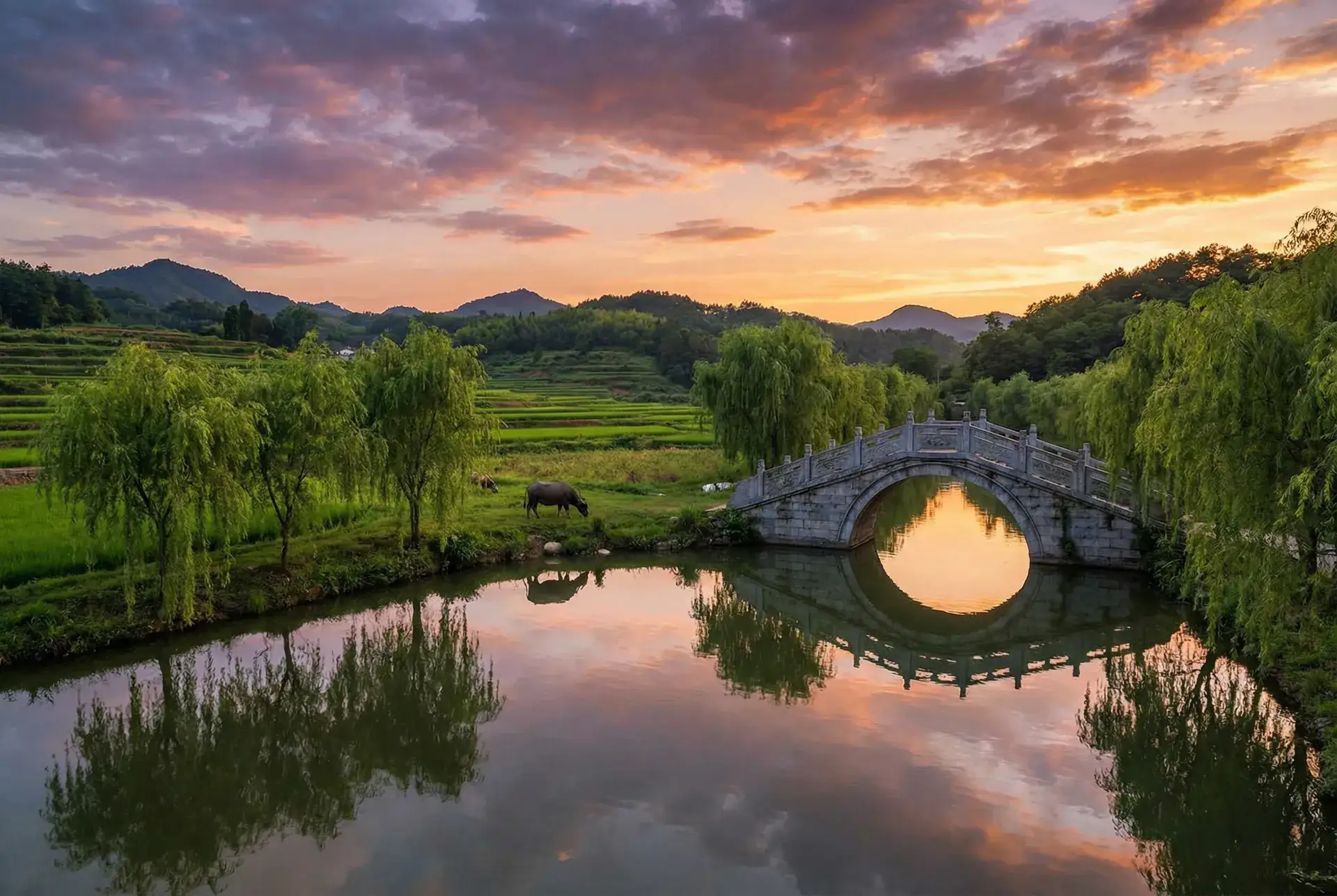夕阳下的石拱桥与垂柳，水牛在河边吃草 - 北川美绪 乡村美景